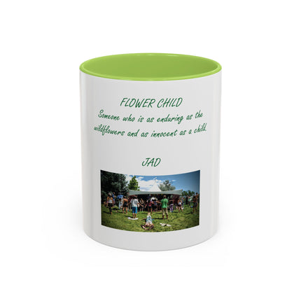Flower Child Coffee Mug — 'Flower Child' Photo Mug with Green Script (11/15 oz)