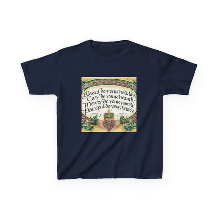 Blessed Holiday Kids Tee – Heart & Crown Celtic-Inspired Winter Shirt