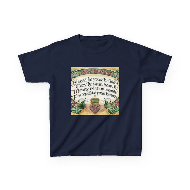 Blessed Holiday Kids Tee – Heart & Crown Celtic-Inspired Winter Shirt