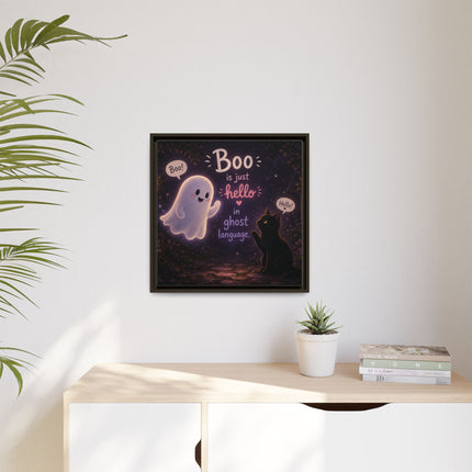 Framed Canvas Art - "Boo is Just Hello" Cute Ghost & Black Cat Halloween Print