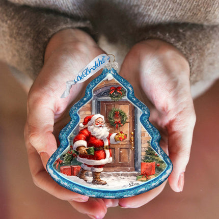 Santa Knocking at the Door Tree Glass Ornament by G. Debrekht - Christmas Santa Snowman Decor - 762-030-2
