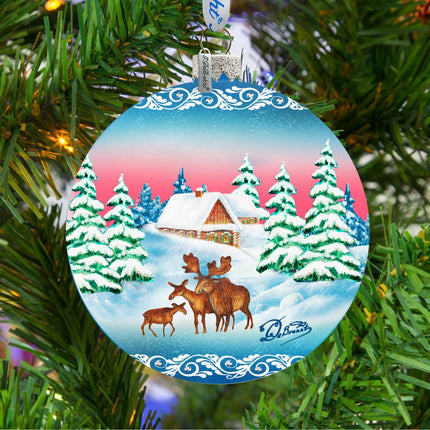 Winter Moose Family Ball Glass Ornament by G. DeBrekht - Wildlife Holiday Decor - 73115-2