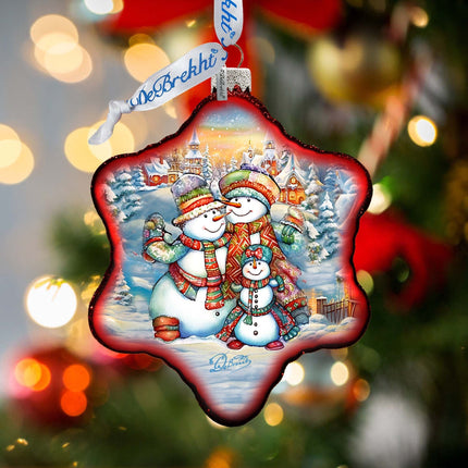 Cheerful Snowmen Snowflake Glass Ornament by G. Debrekht - Christmas Santa Snowman Decor - 754-046-1