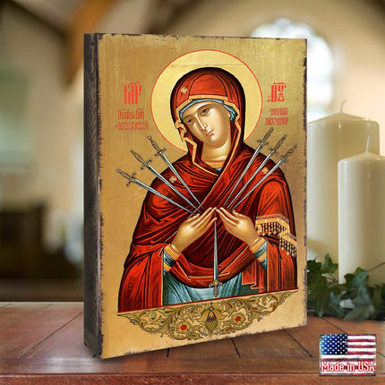 Virgin Mary of the Seven Swords Wooden Gold Plated Religious Christian Sacred Icon - Inspirational Icon Decor - 85037-1