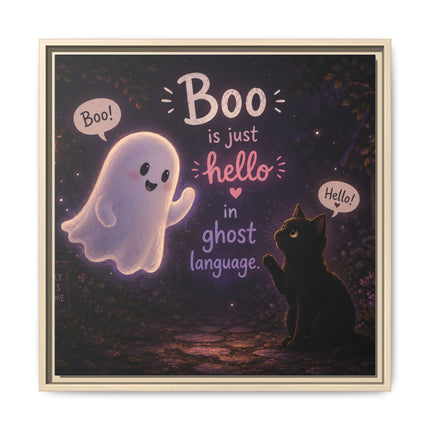 Framed Canvas Art - "Boo is Just Hello" Cute Ghost & Black Cat Halloween Print