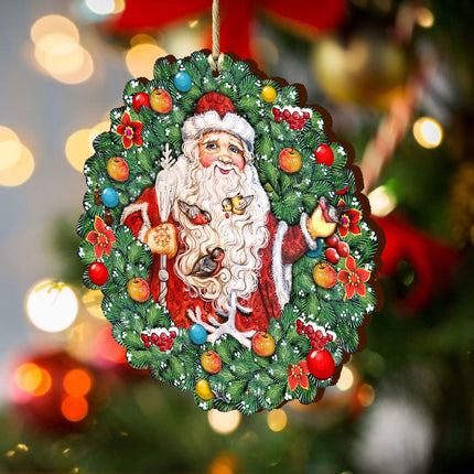 Santa Wreath with Birds Wooden Ornaments by G. DeBrekht - Christmas Santa Snowman Decor - 8185320-3