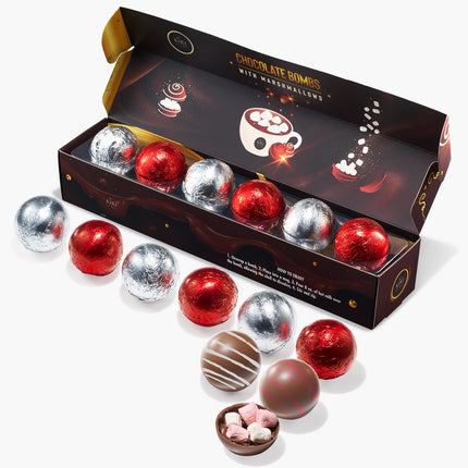 Hot Chocolate Bombs - Set of 6-2 Flavors White & Red Swirl Design Caramel & Fudge Brownie Candy Chocolates - Delicious Cocoa Bombs Filled with Marshmallows - Gift Melting Marshmallow Delicious Gifts-0