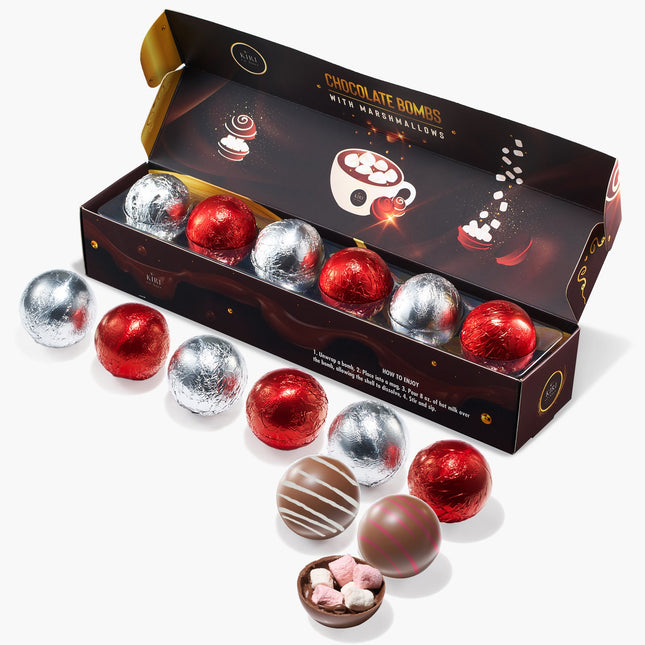 Hot Chocolate Bombs - Set of 6-2 Flavors White & Red Swirl Design Caramel & Fudge Brownie Candy Chocolates - Delicious Cocoa Bombs Filled with Marshmallows - Gift Melting Marshmallow Delicious Gifts-0