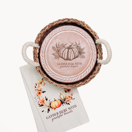 Bread Warmer & Basket Gift Set with Tea Towel - Pumpkin Round-0