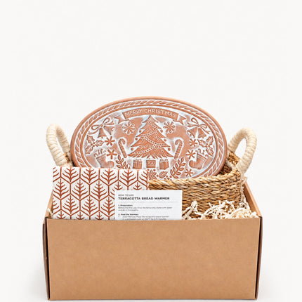 Bread Warmer & Basket Gift Set with Tea Towel - Christmas Oval-0