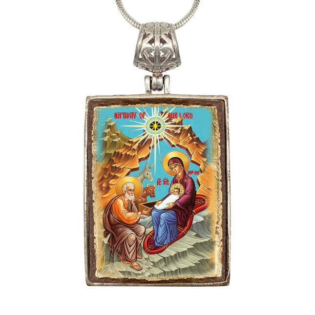 Nativity Religious Jewelry Silver Plated Necklace, Gold-Plated Wooden Cabochon - Orthodox Sacred Icon - Inspirational Icon Decor - 43052R-0