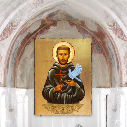 Saint Francis Wooden Gold Plated Religious Christian Sacred Icon - Inspirational Icon Decor - 85024-3