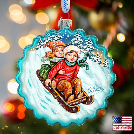 Kids Happy Sledging Wreath Glass Ornament by G. DeBrekht - Christmas Decor - 759-045-0