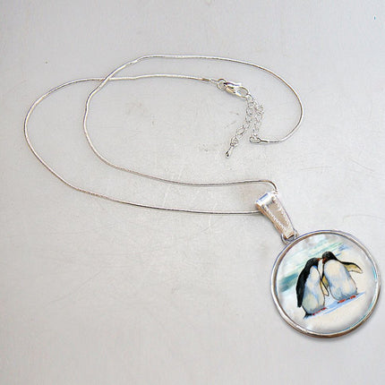 Penguins in Love Silver Plated Mother of Pearl Jewelry Pendant Necklace - 44033-3