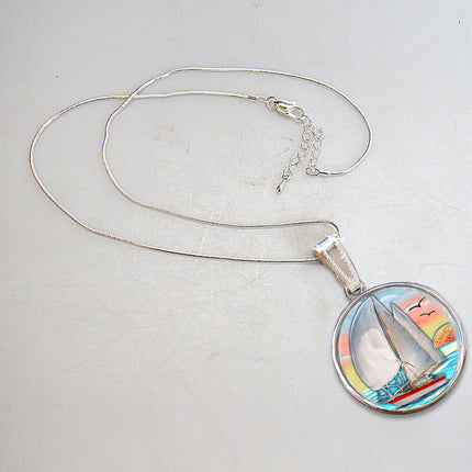 Sailboat Silver Plated Mother of Pearl Jewelry Pendant Necklace Coastal - 44043-3