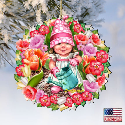 Spring Blossom Gnome Dwarf Wreath Wooden Ornaments by Gelsinger - Easter Spring Decor - 8161055-DG-1
