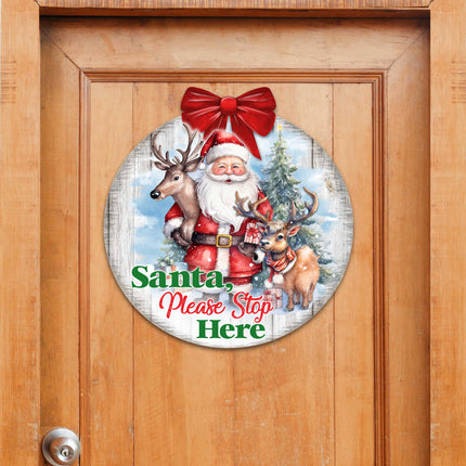 Santa Please Stop Here Sign Front door welcome sign Main entrance banner Welcome sign - Wooden front porch decor - 933116H-2