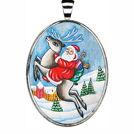 Reindeer Ride Silver Plated Medal Pendant Necklace - 44154O-0
