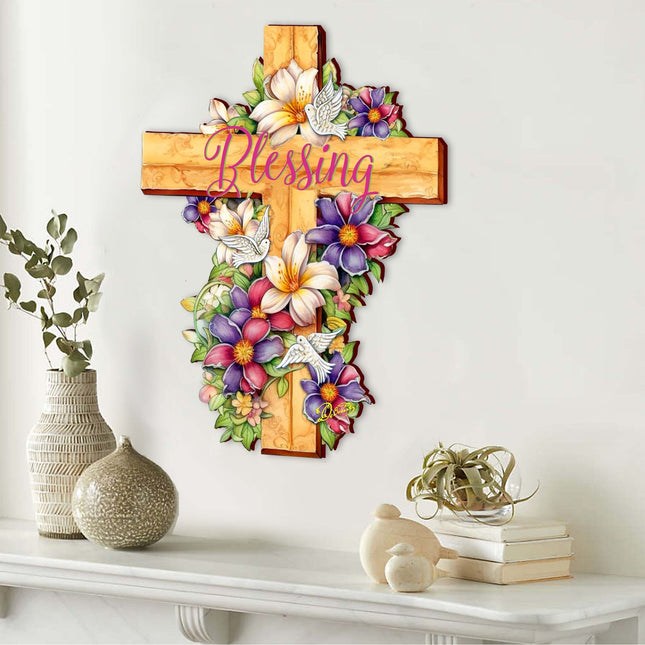 Floral Dove Blessing Wooden Cross by G. Debrekht - Easter Spring Decor - 88163-0