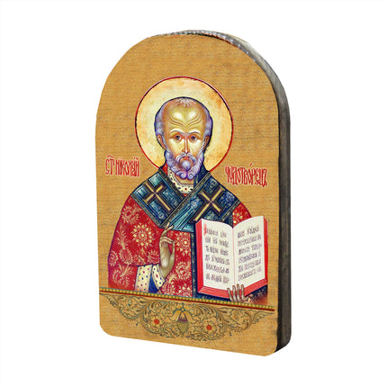Saint Nicholas Wooden Gold Plated Religious Orthodox Sacred Icon - Inspirational Icon Decor - 86021-4