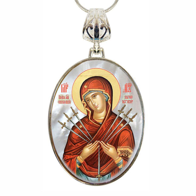 Virgin Mary of The Seven Swords Silver Plated Mother of Pearl Necklace - 43037-0