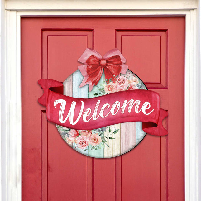 Front door welcome sign Floral porch wreath Main entrance welcome sign - Wooden front porch decor - 933101H-0