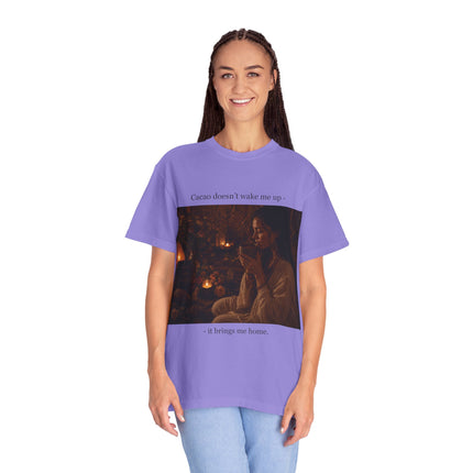 Cacao Doesn't Wake Me Up T-Shirt — Cozy Candlelit Illustration Tee