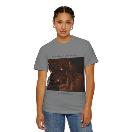 Cacao Doesn't Wake Me Up T-Shirt — Cozy Candlelit Illustration Tee