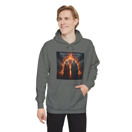 Hoodie - "Aging Is Sacred Fire" Fantasy Cloaked Figures Fire Portal Graphic Hoodie