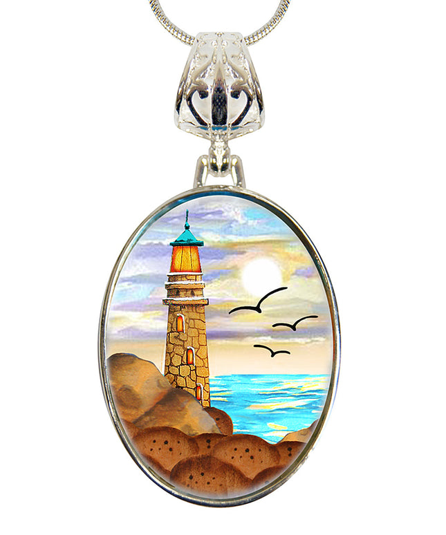 Light House Silver Plated Mother of Pearl Jewelry Pendant Necklace Coastal - 44049-0