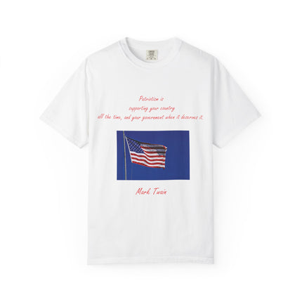 Patriotic Unisex Garment-Dyed T-Shirt with American Flag – Quote by Mark Twain