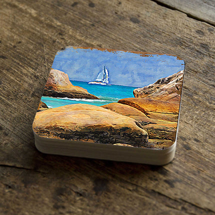Sailboat Coastal Wooden Cork Coasters Gift Set of 4 by Nature Wonders - 95274C-S4-1
