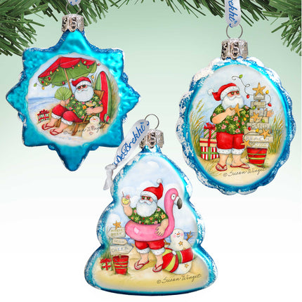 Christmas at the Beach Mercury Glass Ornaments Set of 3 by Susan Winget - Santa and Snowman Decor-1