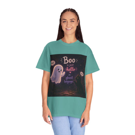 Halloween Ghost T-Shirt — “Boo is just hello in ghost language” Cute Spooky Tee