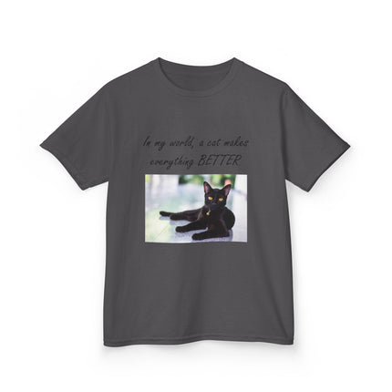 Kids Cat Lover Tee – “A Cat Makes Everything Better” – Heavy Cotton