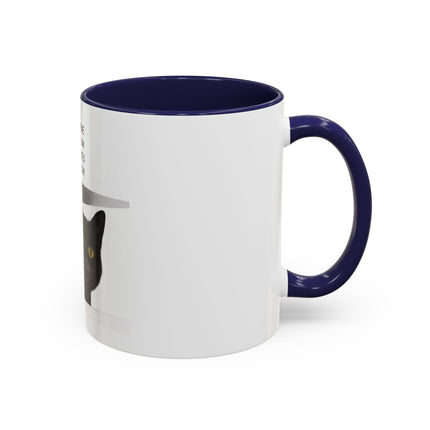 Black Cat Coffee Mug — “In the Here In the Now No Worries Only Meow” Accent Mug