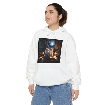 Mystic Cat Library Hoodie — Moonlit Cats, Candles & Spellbook Graphic Hoodie