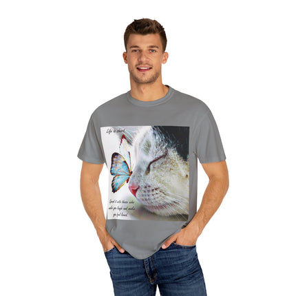 Inspirational Cat & Butterfly T-Shirt | Life is Short Quote