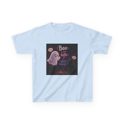 Kids Halloween Tee — "Boo: Hello Ghost Language" Cute Ghost Shirt