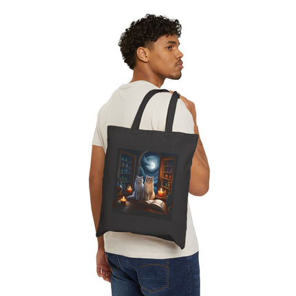 Mystic Night Cats Canvas Tote — Witchy Moonlit Library Cat Tote Bag