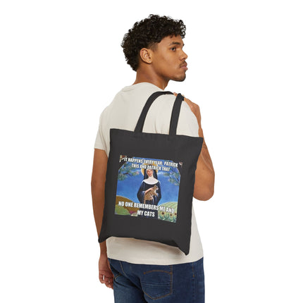Tote Bag — Funny 'No One Remembers Me and My Cats' Vintage Saint Cat Meme Canvas Tote