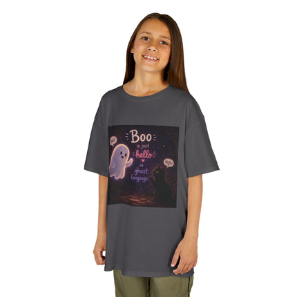 Kids Halloween Tee — "Boo: Hello Ghost Language" Cute Ghost Shirt