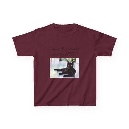 Kids Cat Lover Tee – “A Cat Makes Everything Better” – Heavy Cotton