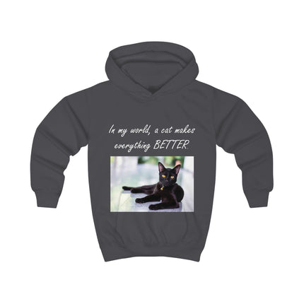 Kids Hoodie — "In My World, A Cat Makes Everything Better" Black Cat Photo Hoodie