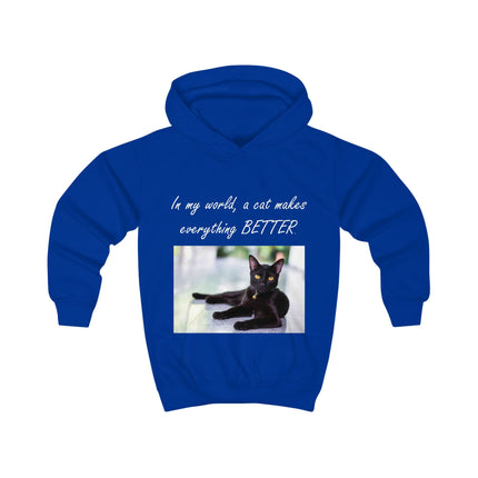 Kids Hoodie — "In My World, A Cat Makes Everything Better" Black Cat Photo Hoodie