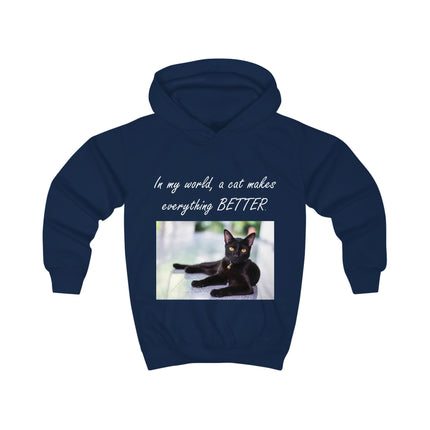 Kids Hoodie — "In My World, A Cat Makes Everything Better" Black Cat Photo Hoodie