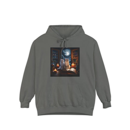 Mystic Cat Library Hoodie — Moonlit Cats, Candles & Spellbook Graphic Hoodie