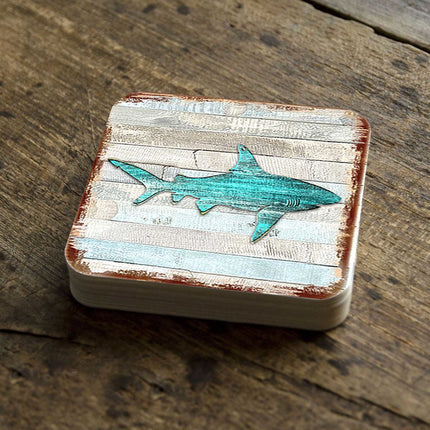 Shark Coastal Wooden Cork Coasters Gift Set of 4 by Nature Wonders - Coastal Sea-Life Decor - 8198515-9C-S4-2