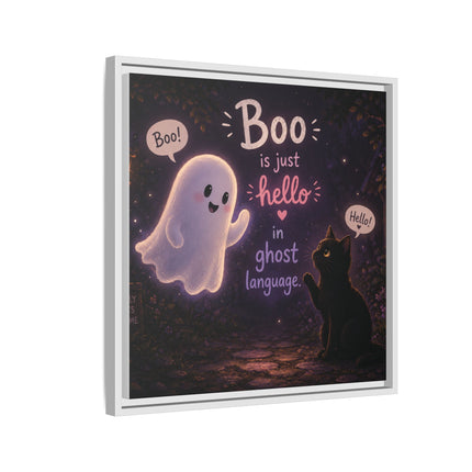 Framed Canvas Art - "Boo is Just Hello" Cute Ghost & Black Cat Halloween Print