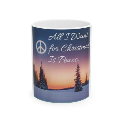 Christmas Peace Mug | 11oz Ceramic Cup with Quote & Winter Sunset
